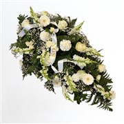 White Funeral Spray of Flowers in a Teardrop Shape